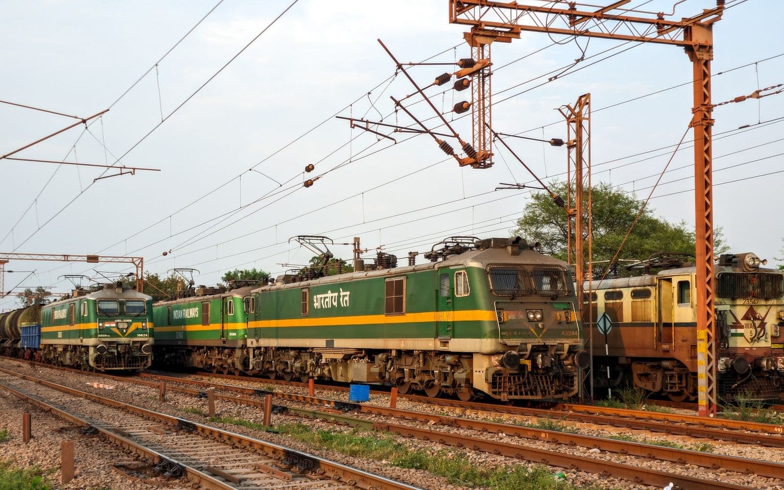 Indian Railways electric locomotives under overhead electrification wiring