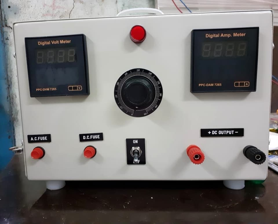 Compact electroplating rectifier with digital volt and amp meters and DC output terminals